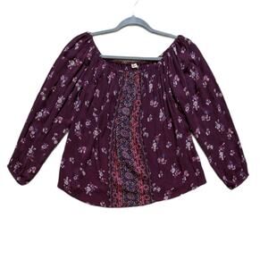 Hollister Burgundy Floral Peasant Top Off Shoulder Medium